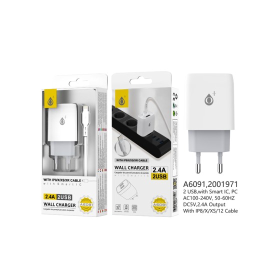 ONEPLUS CHARGER ADAPTER A6091 BL WITH 2 SMART RECOGNITION USB PORTS 2.4A MAX WHITE